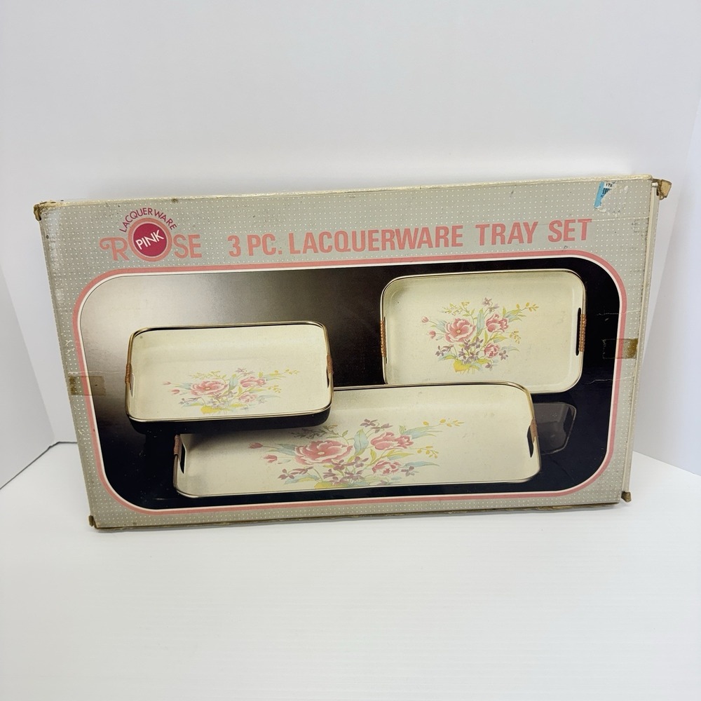 Vintage Lacquerware 3 Piece Tray Set Rose NOS Sealed In Box Jay Imports Japan